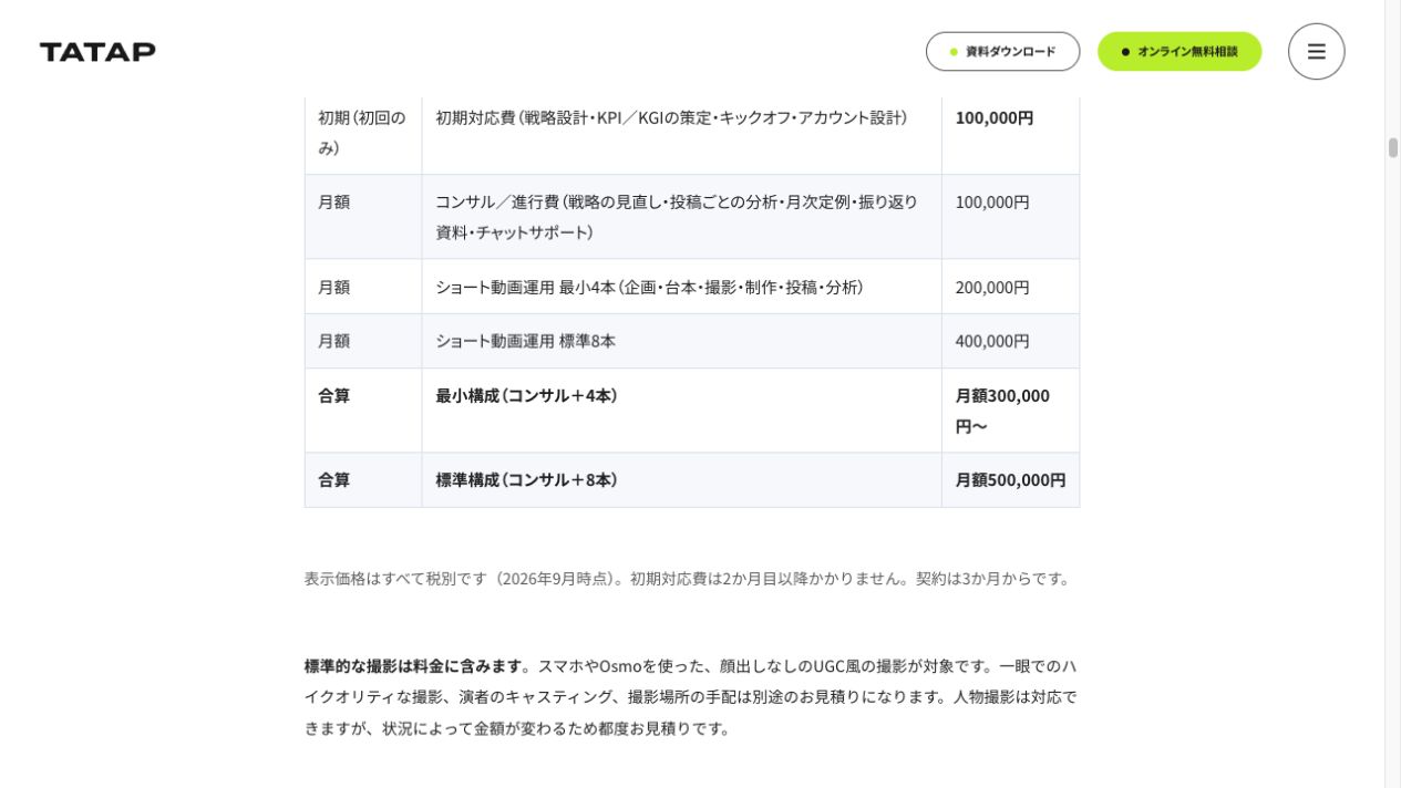 일본 숏폼 운영 요금표: 월 4편 30만 엔부터, 월 8편 50만 엔