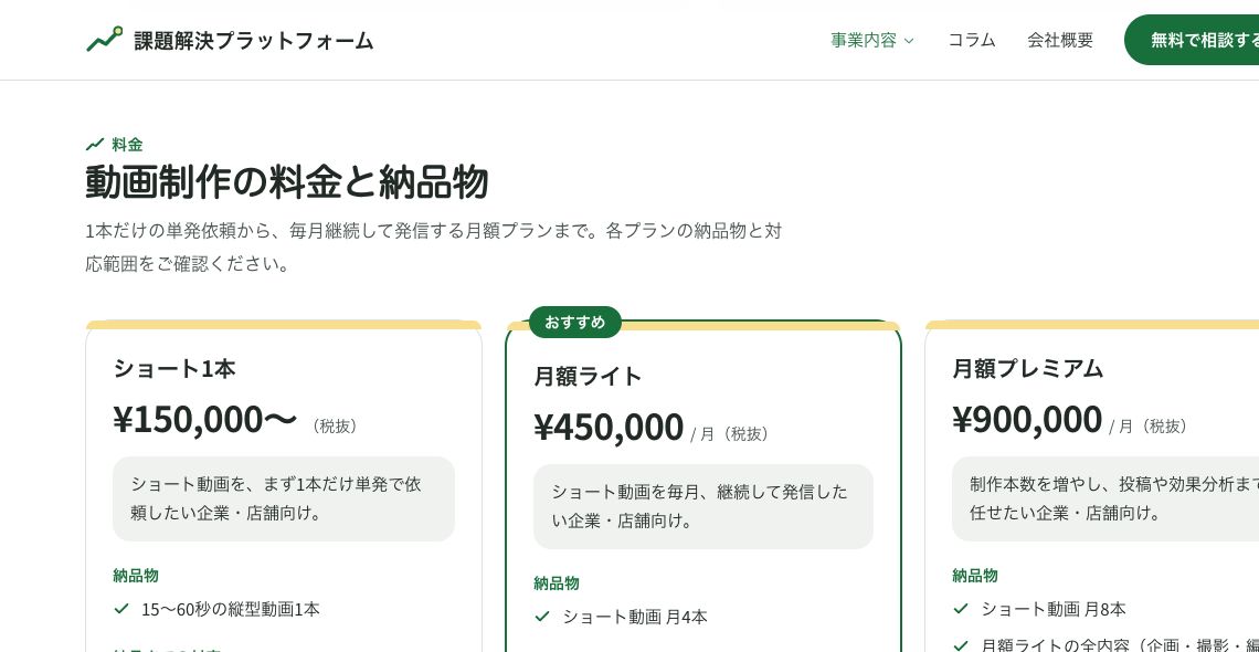 일본 영상 제작 요금표: 월 4편 45만 엔, 월 8편 90만 엔
