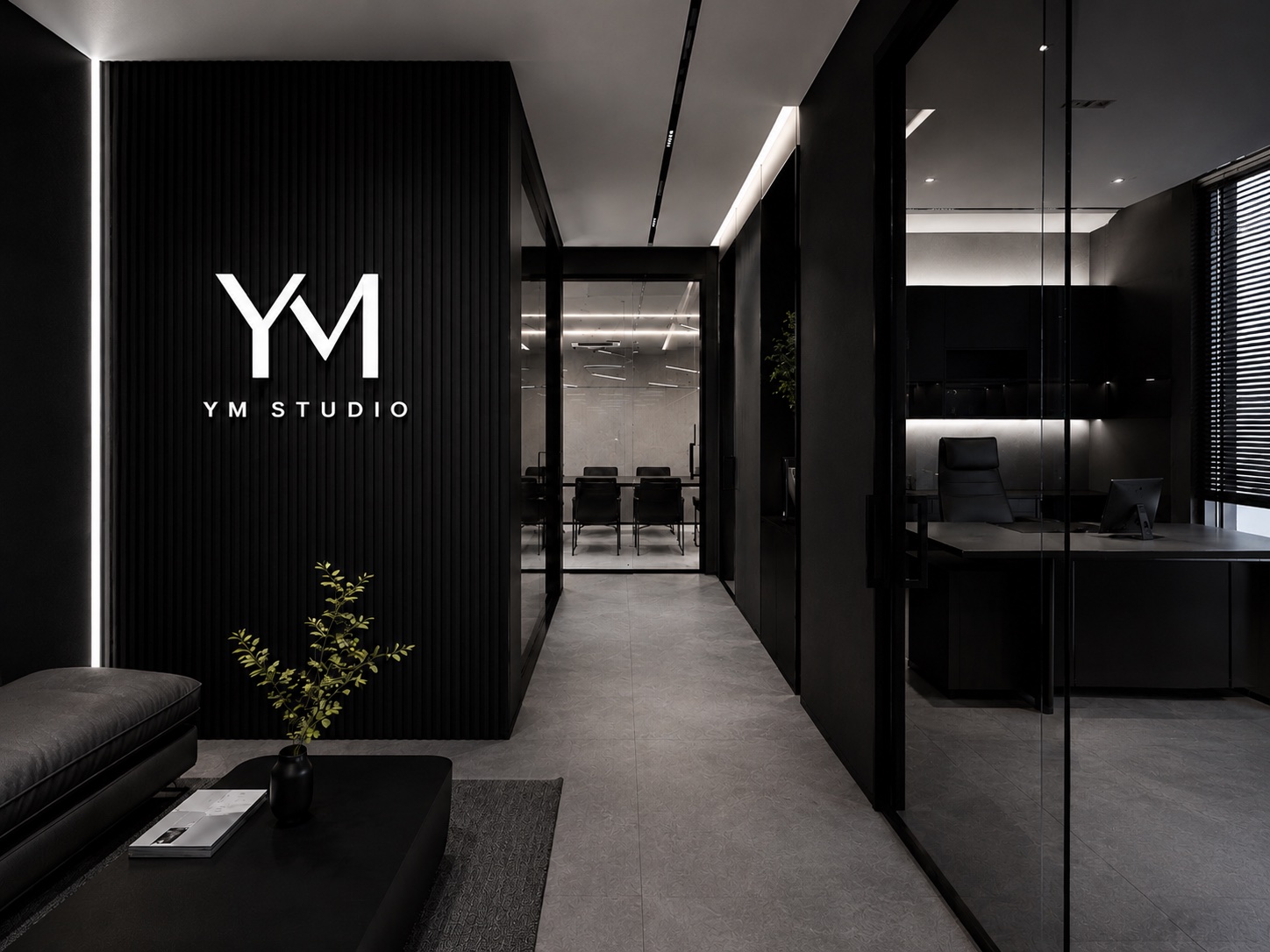 YM Studio의 블랙 앤 그레이 브랜드 공간 비주얼